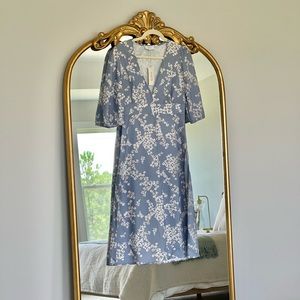 Rihoas - Blue V Neck Floral Midi Dress